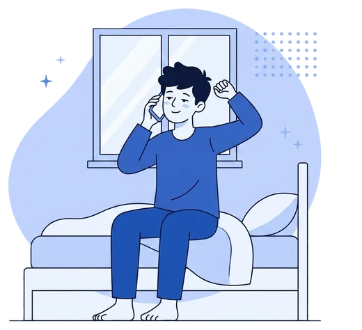 Seseorang baru bangun, duduk di tepi tempat tidur sambil menelepon dan menggeliat