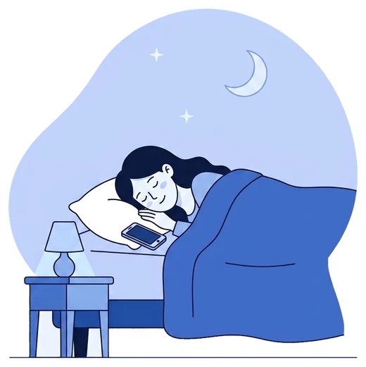 Seseorang berbaring di tempat tidur, ponsel di samping bantal, matanya terpejam